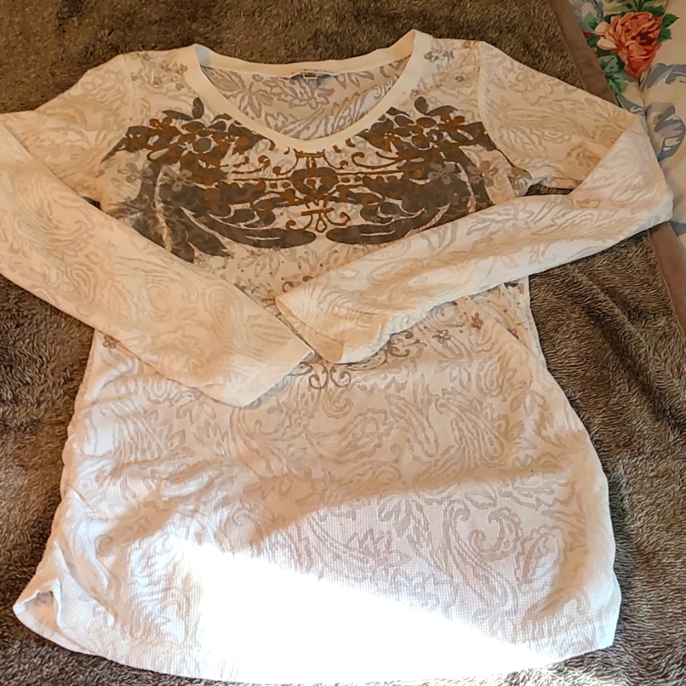 CAbi Cream and Brown Long Sleeve Top